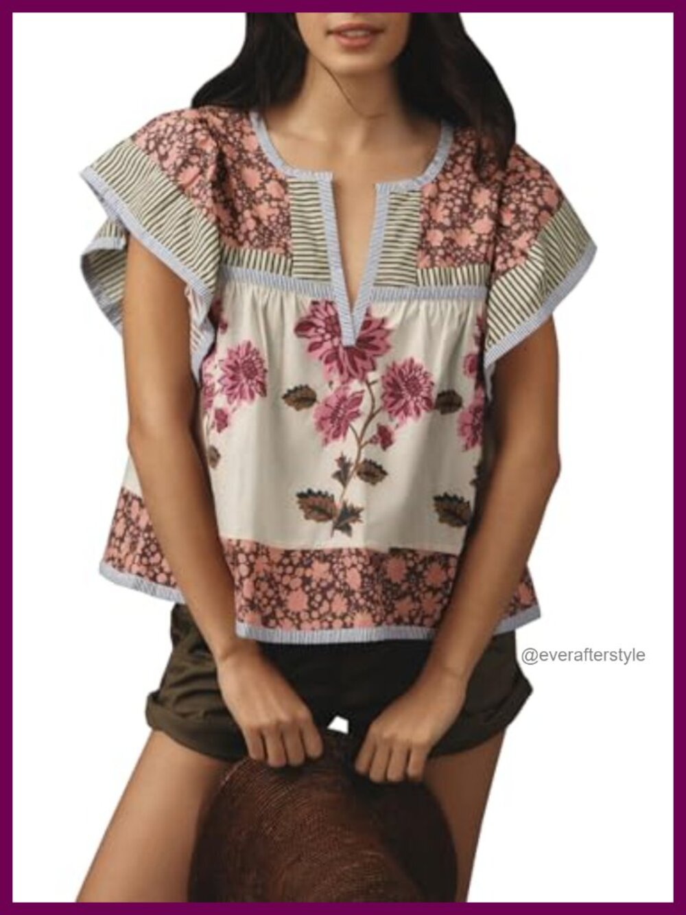 Womens Cotton Polyester Boho Floral Flutter Sleeve Babydoll Blouse